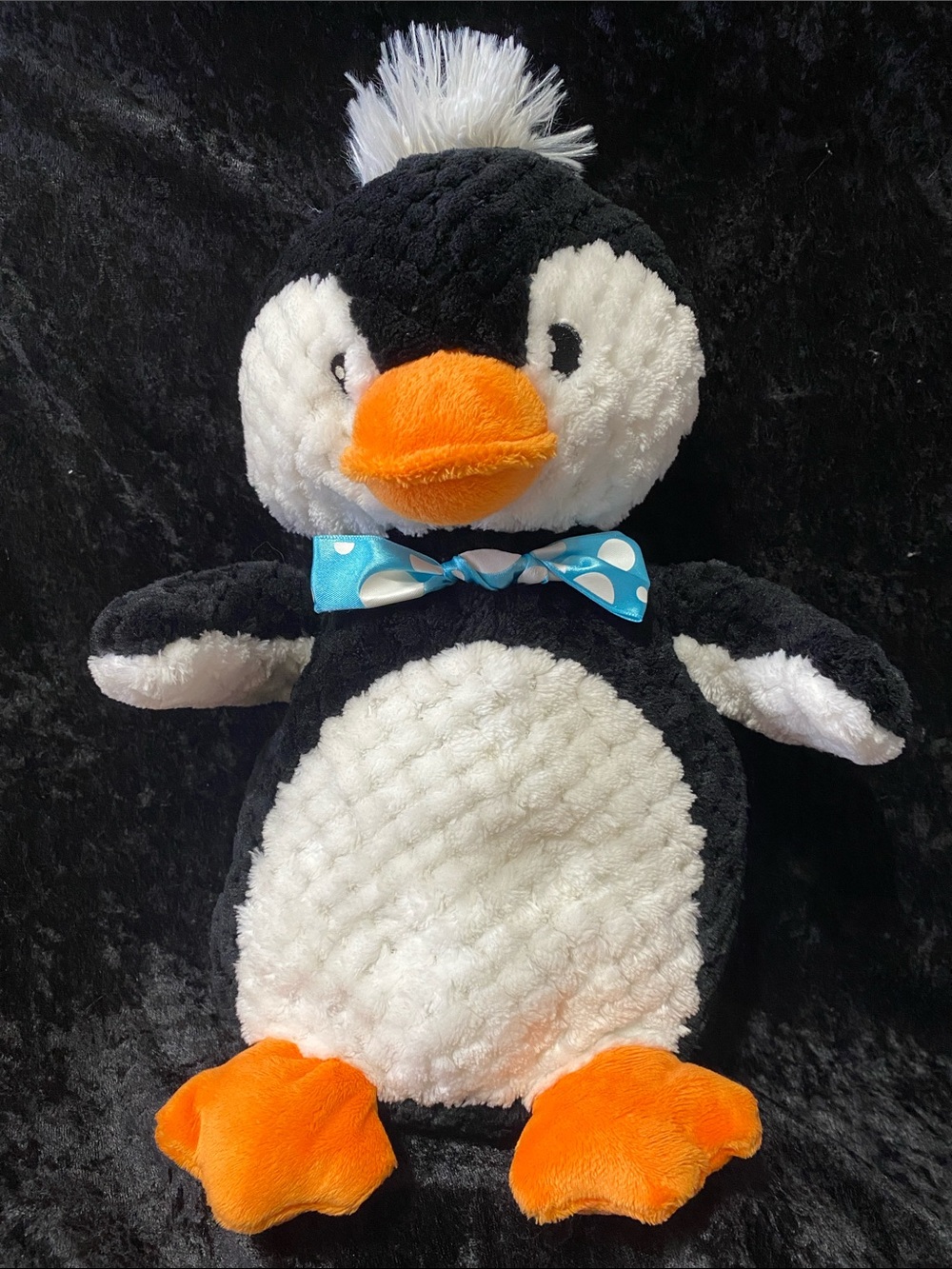 Plush Penguin Stuffed Animal in Black, White & Orange with Blue Polka-Dot Bow